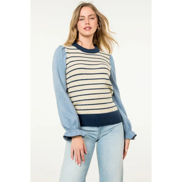 Stripe Suede Sleeve Sweater